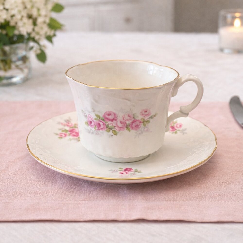 Vintage Pink Rose Teacup & Saucer Gold Trim Cottagecore China